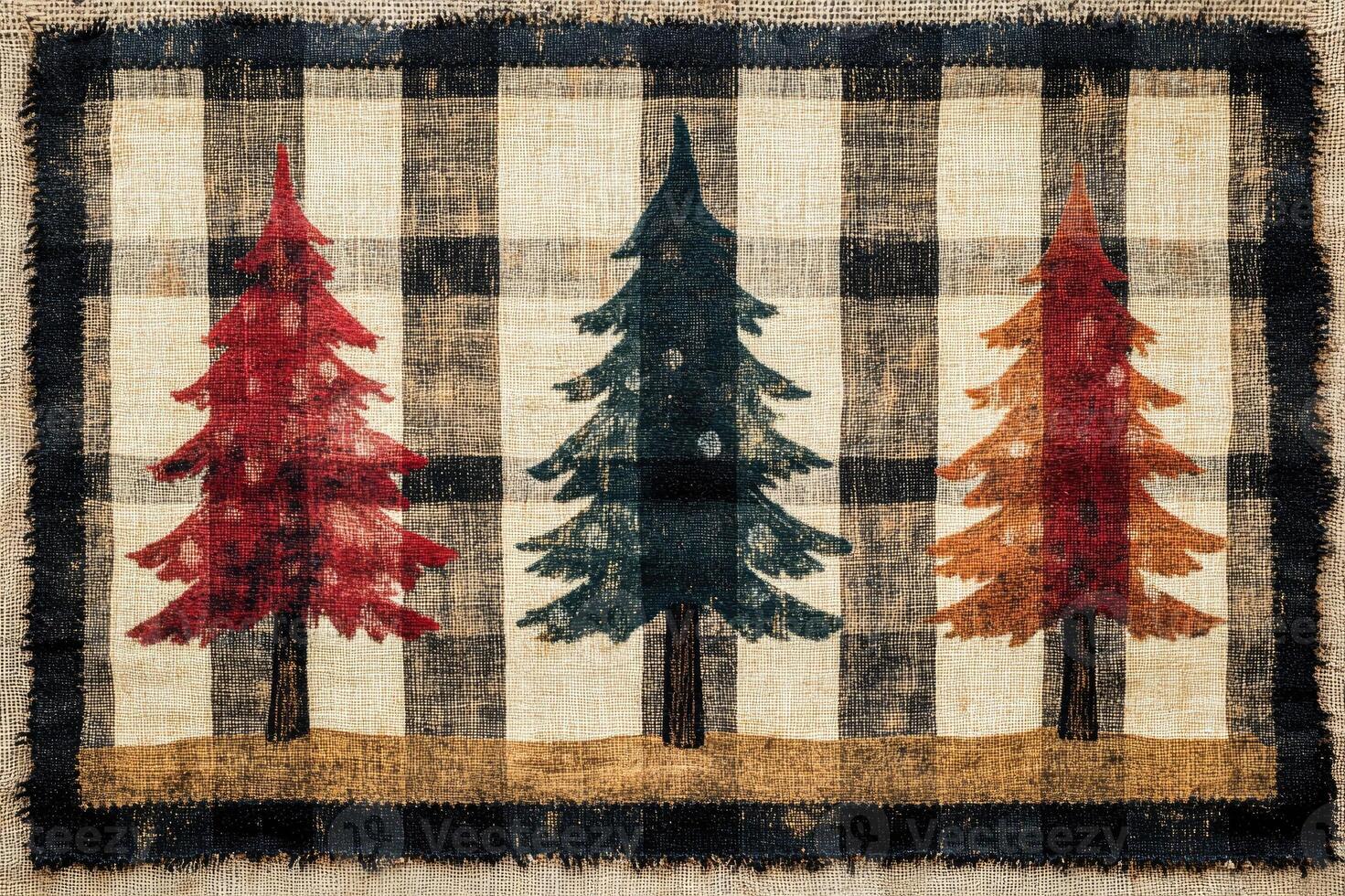 Rustic buffalo check fabric featuring three christmas trees photo