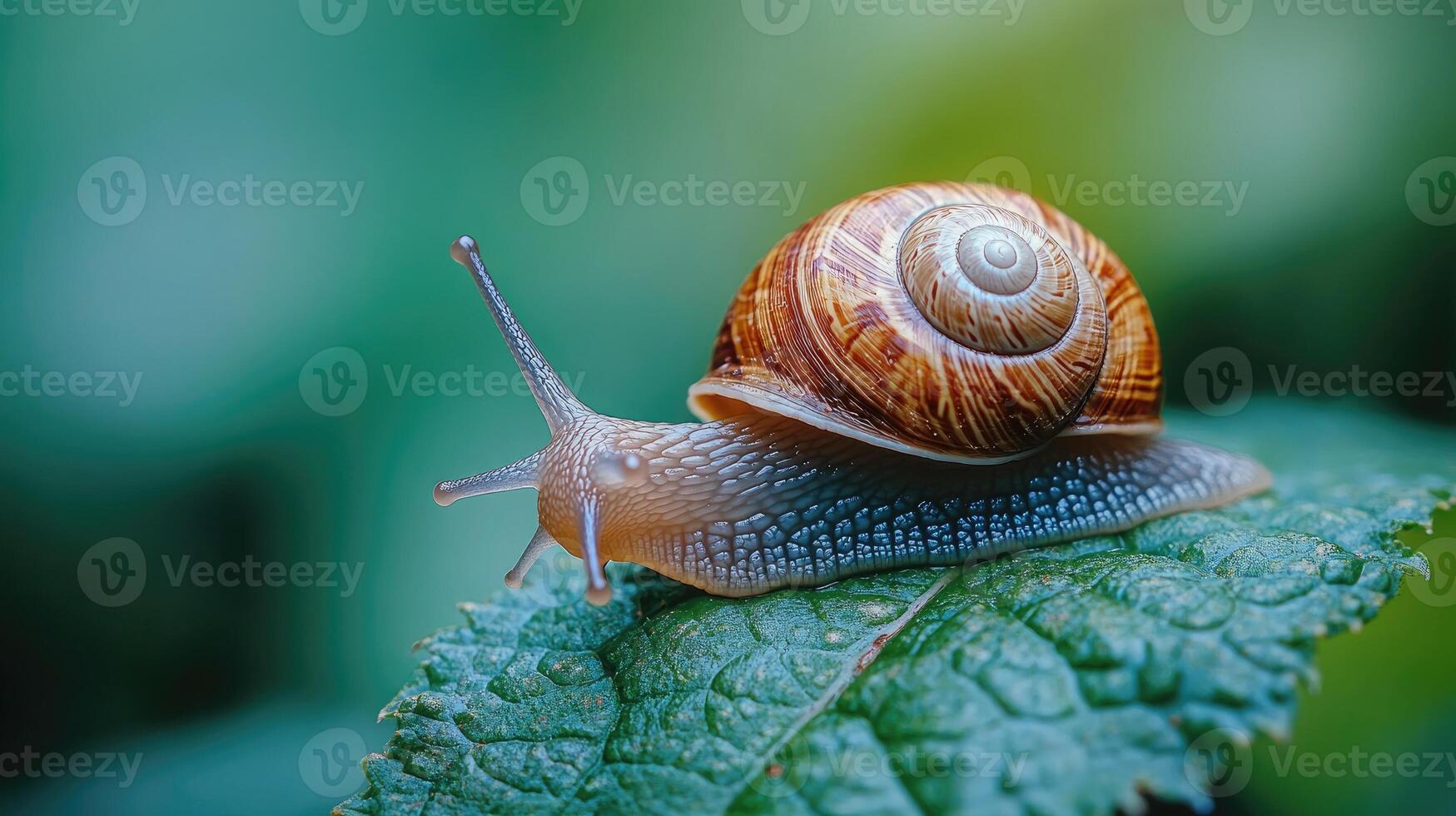 Snail crawling on green leaf in summer garden photo