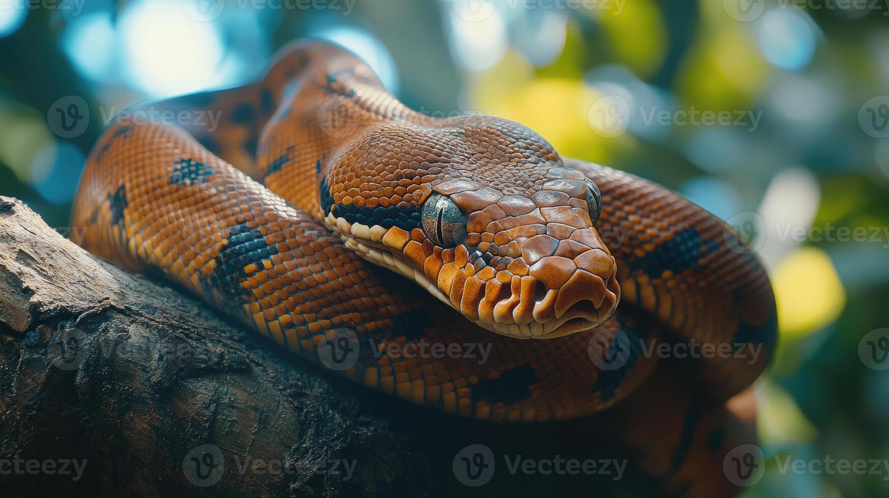 Orange boa constrictor resting on a branch photo