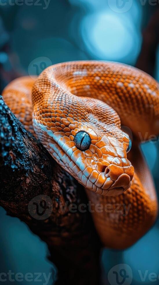 Orange snake resting on a tree branch photo