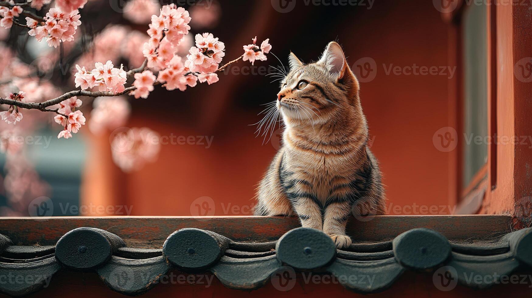 Cat sitting next to cherry blossoms at japanese temple photo