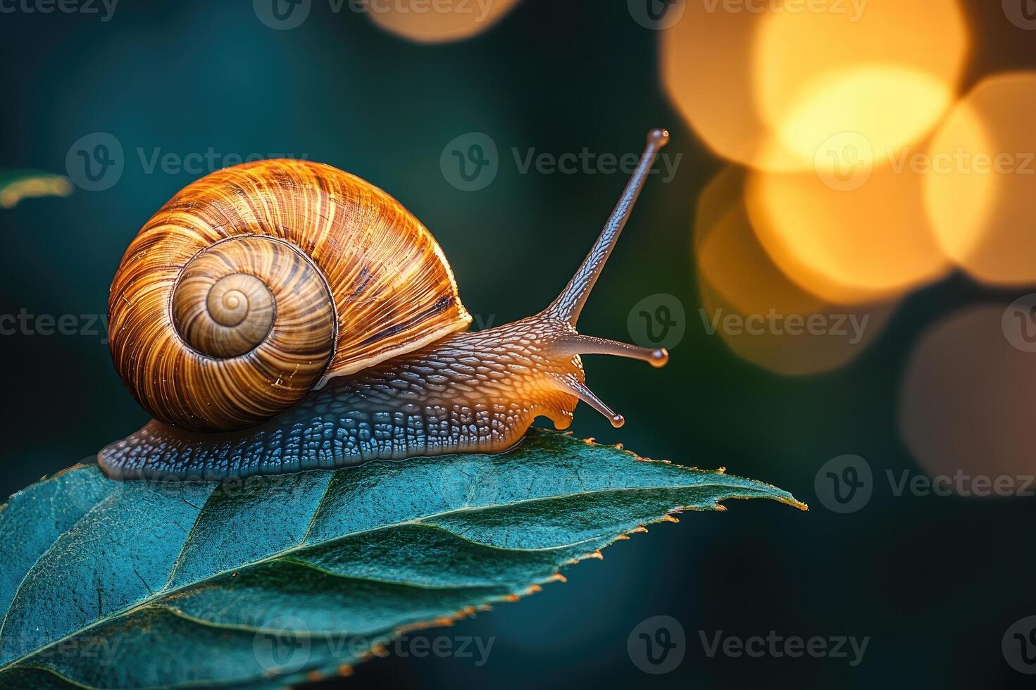 Snail crawling on green leaf in summer garden photo