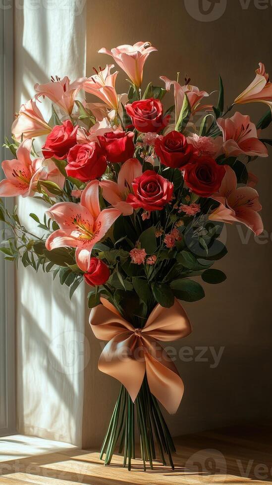 Bouquet of red roses and lilies standing by window with sunlight photo