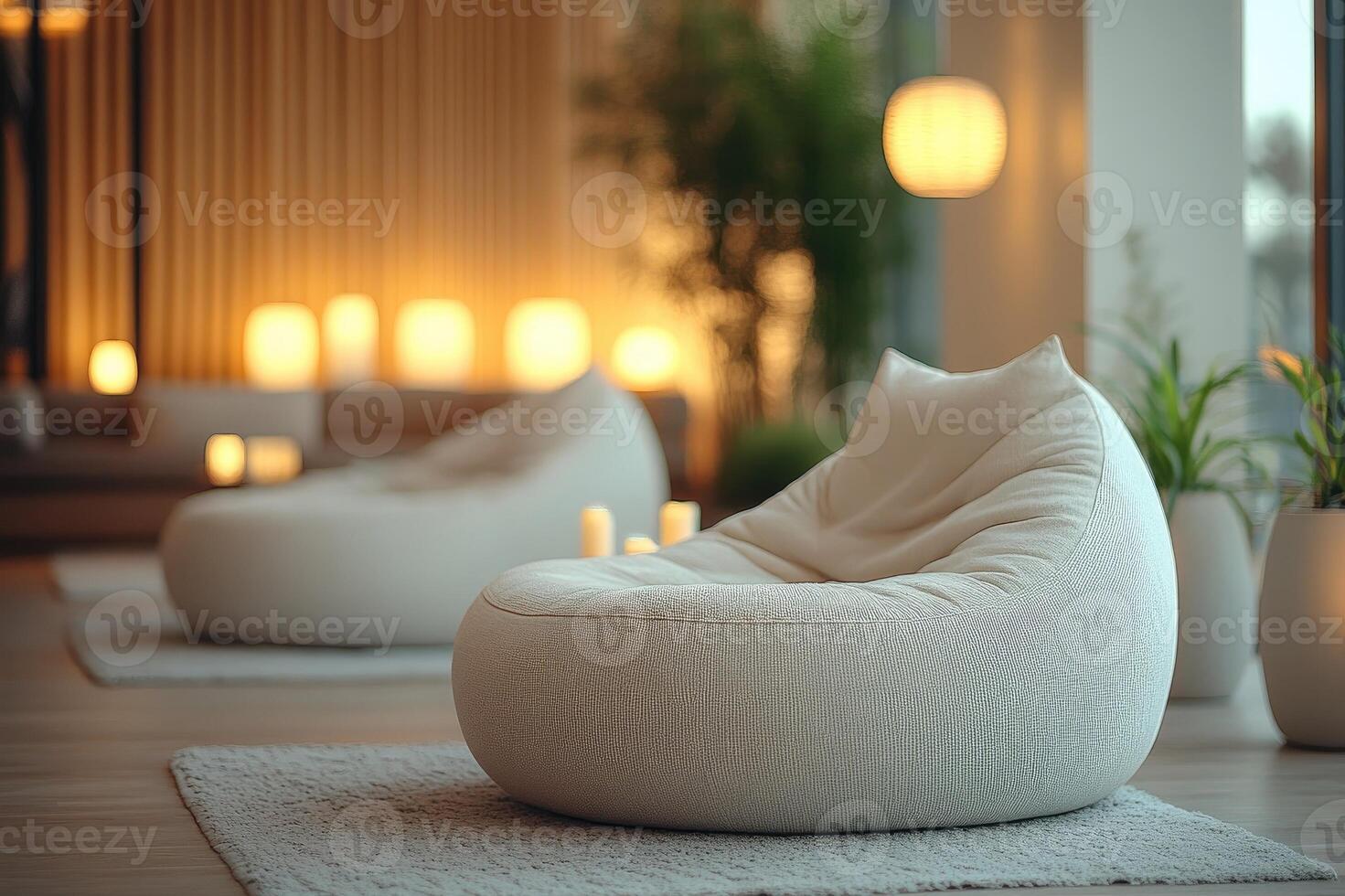 Modern hotel lobby relaxing area with comfortable chairs and warm lighting photo