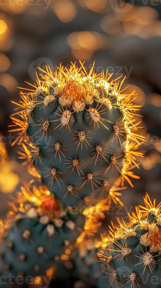 Lone cactus standing strong in the desert sunset photo