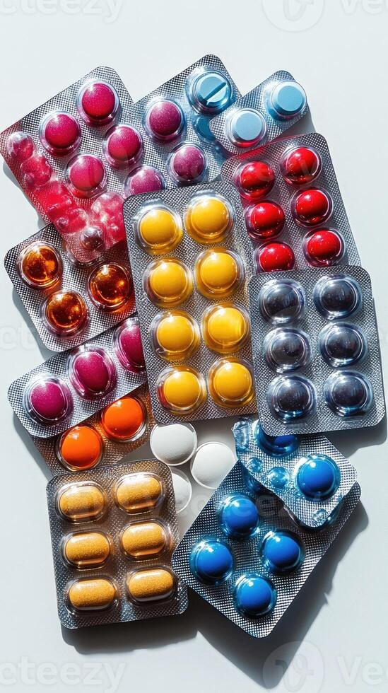 Colorful pills in blisters forming a medicine and pharmaceutical background photo