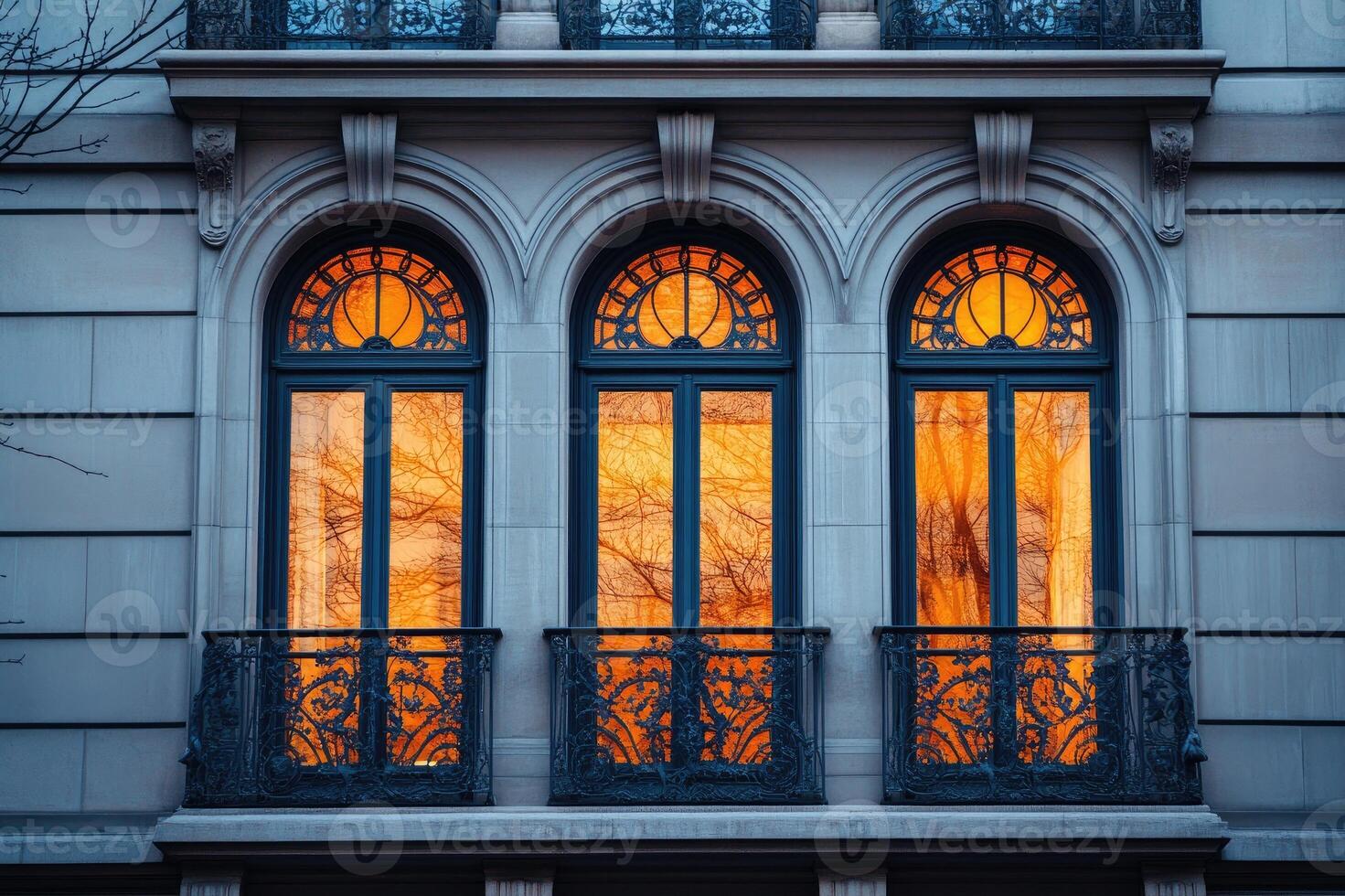Ornate wrought iron balcony reflecting trees in windows photo