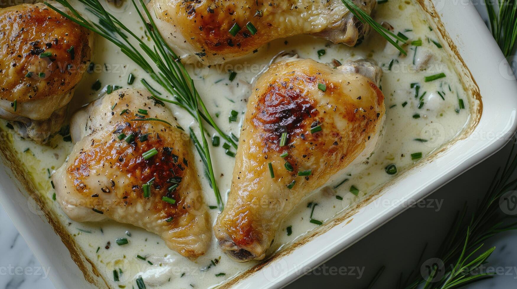 Chicken thighs are cooking in a creamy garlic sauce with chives photo