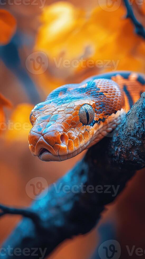 Orange snake resting on a tree branch photo