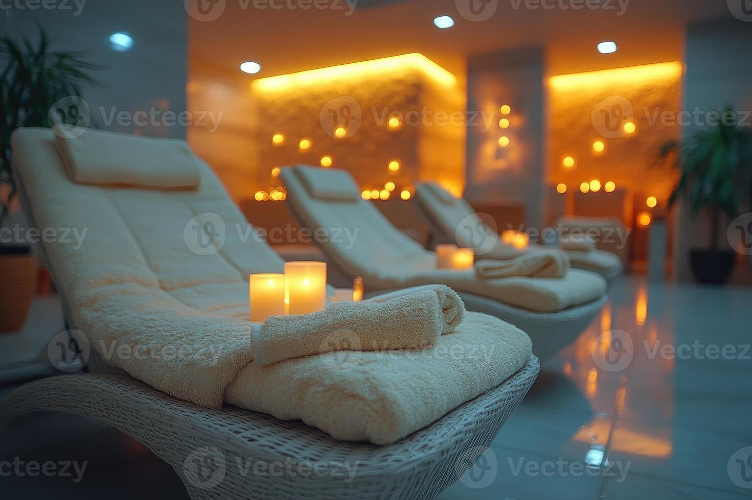 Relaxing spa room with burning candles and comfortable loungers waiting for clients photo
