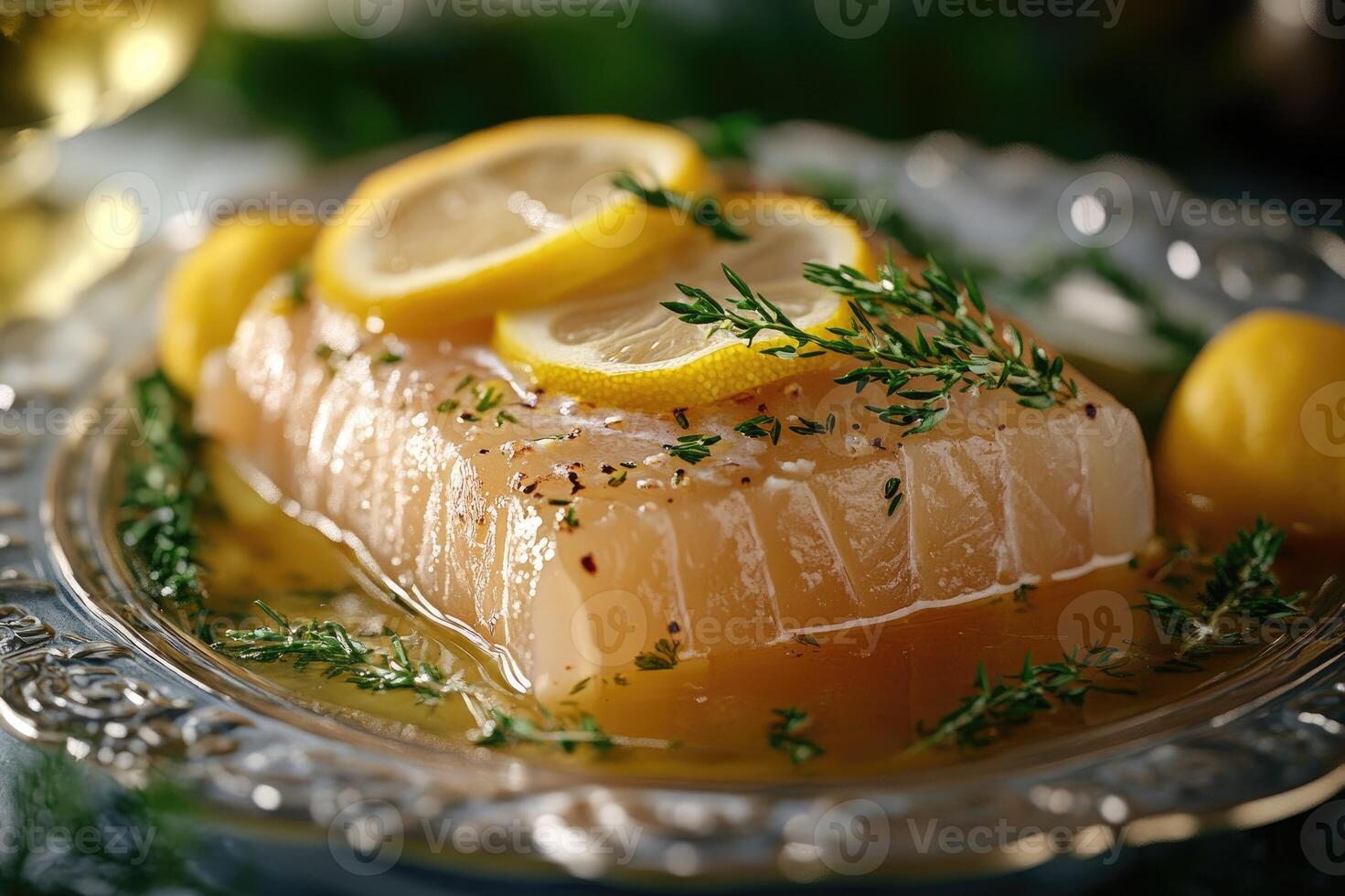 Salmon fillet seasoned with lemon, parsley and spices, on white plate photo