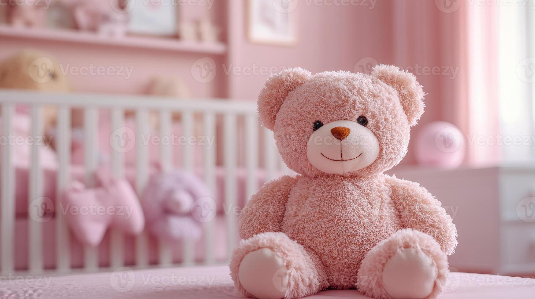 Teddy bear sitting on a cot in a pink bedroom for baby girl photo