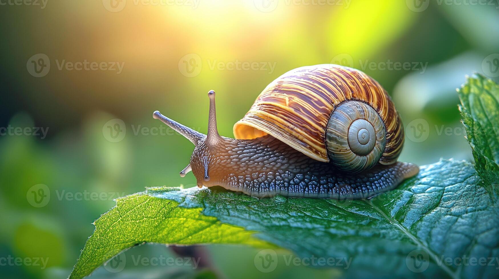 Snail crawling on green leaf in summer garden photo
