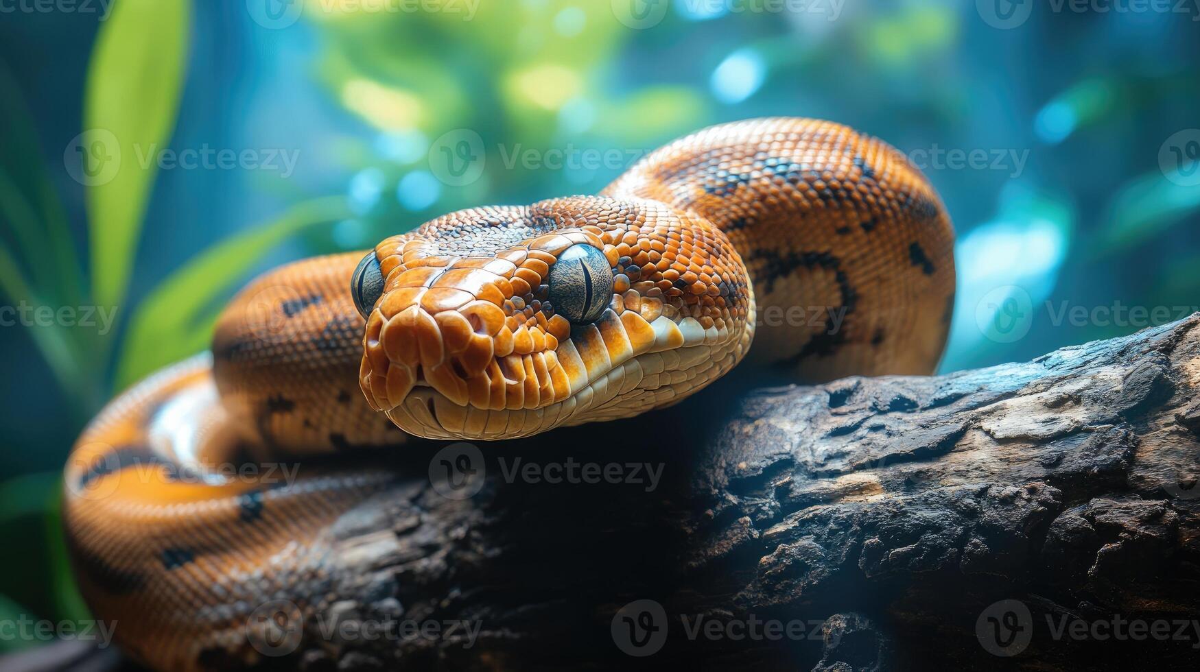 Orange boa constrictor resting on a branch photo