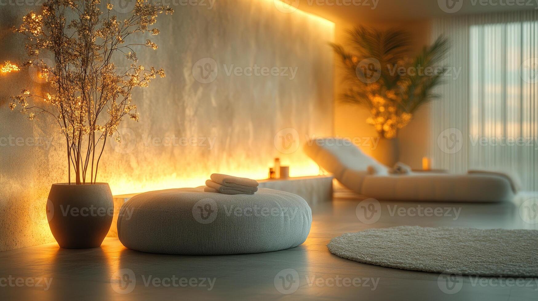 Modern spa room is bathed in warm evening light photo
