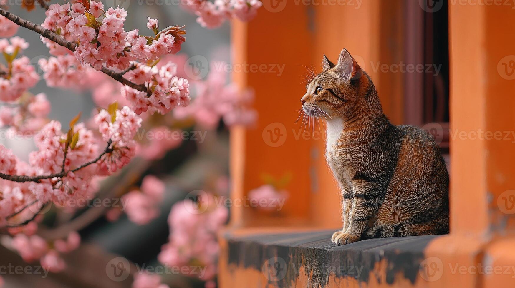 Cat sitting next to cherry blossoms at japanese temple photo