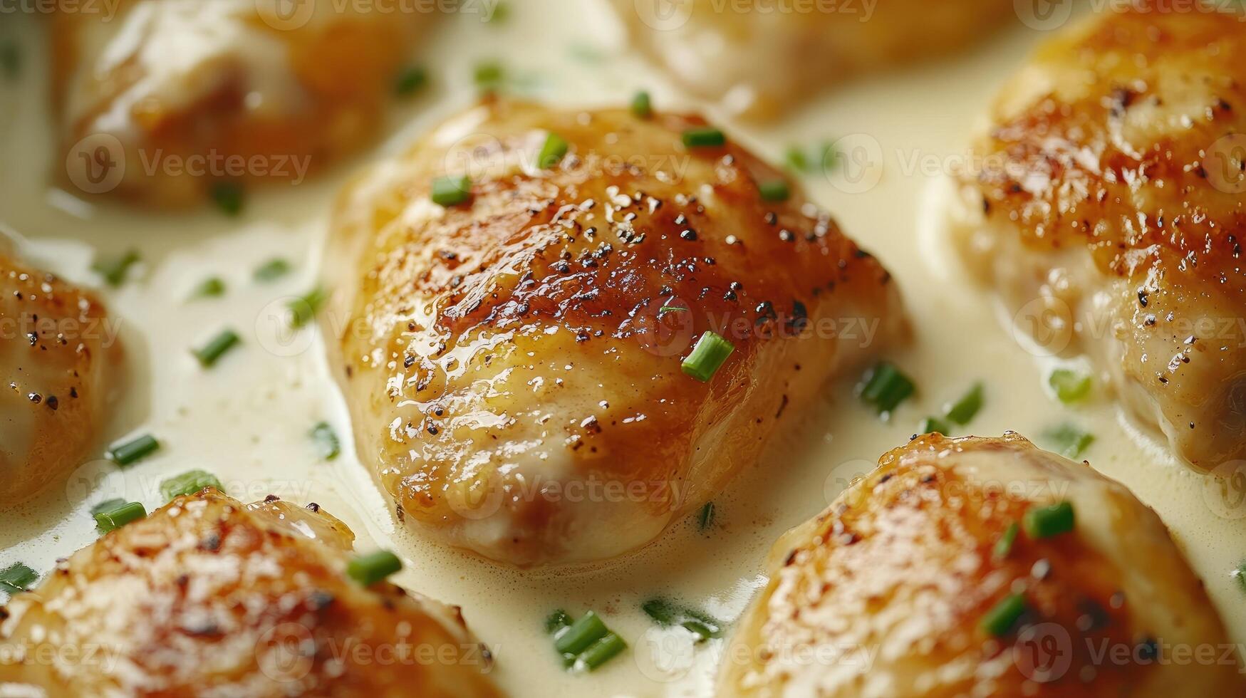 Chicken thighs are cooking in a creamy garlic sauce with chives photo