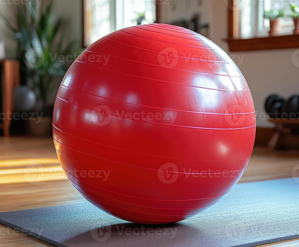 Red fitness ball sitting on exercise mat in gym photo