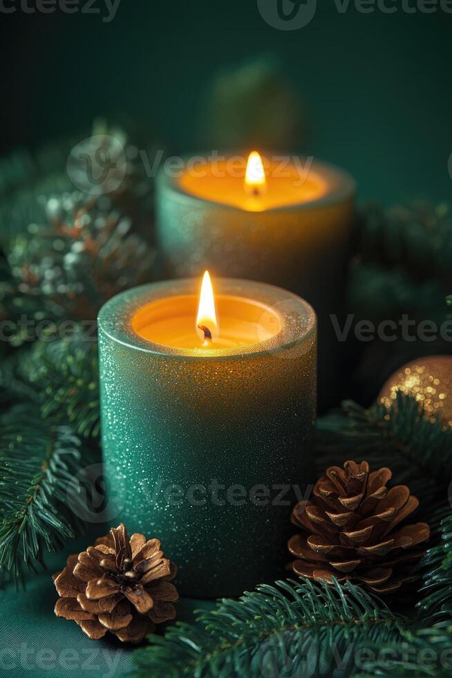 Burning green candles creating festive christmas atmosphere with pine branches and pine cones photo