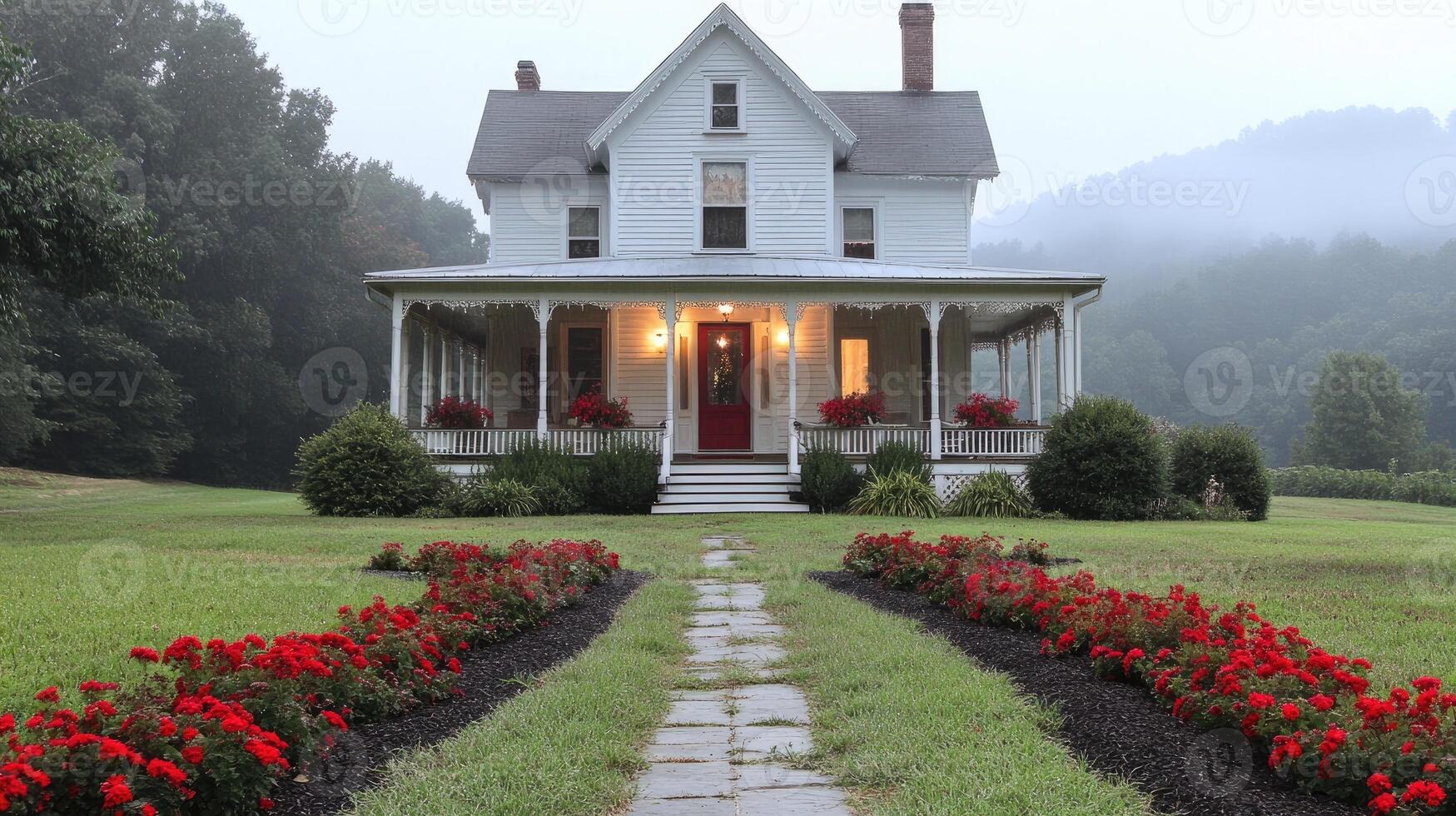 Classic american farmhouse with red geraniums and stone walkway in the fog photo