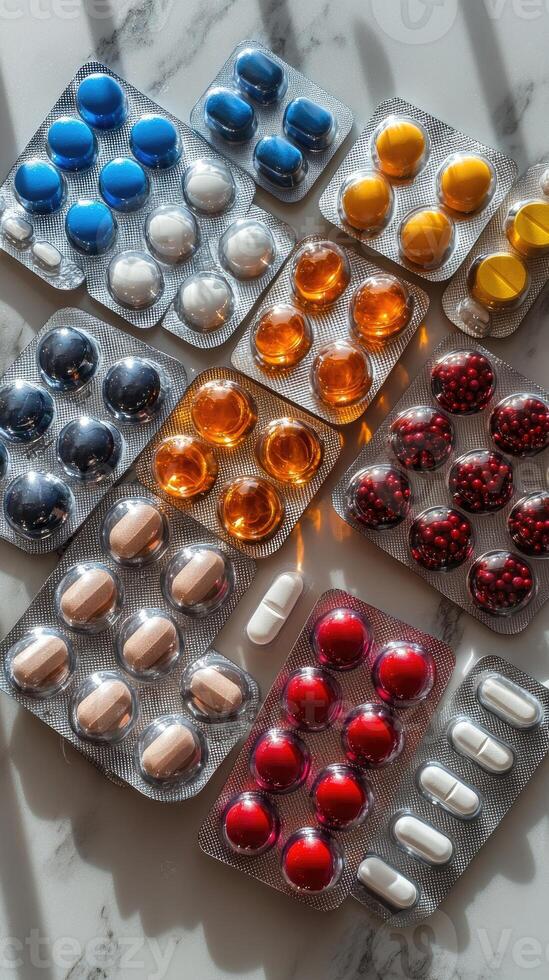 Colorful pills in blisters forming a medicine and pharmaceutical background photo