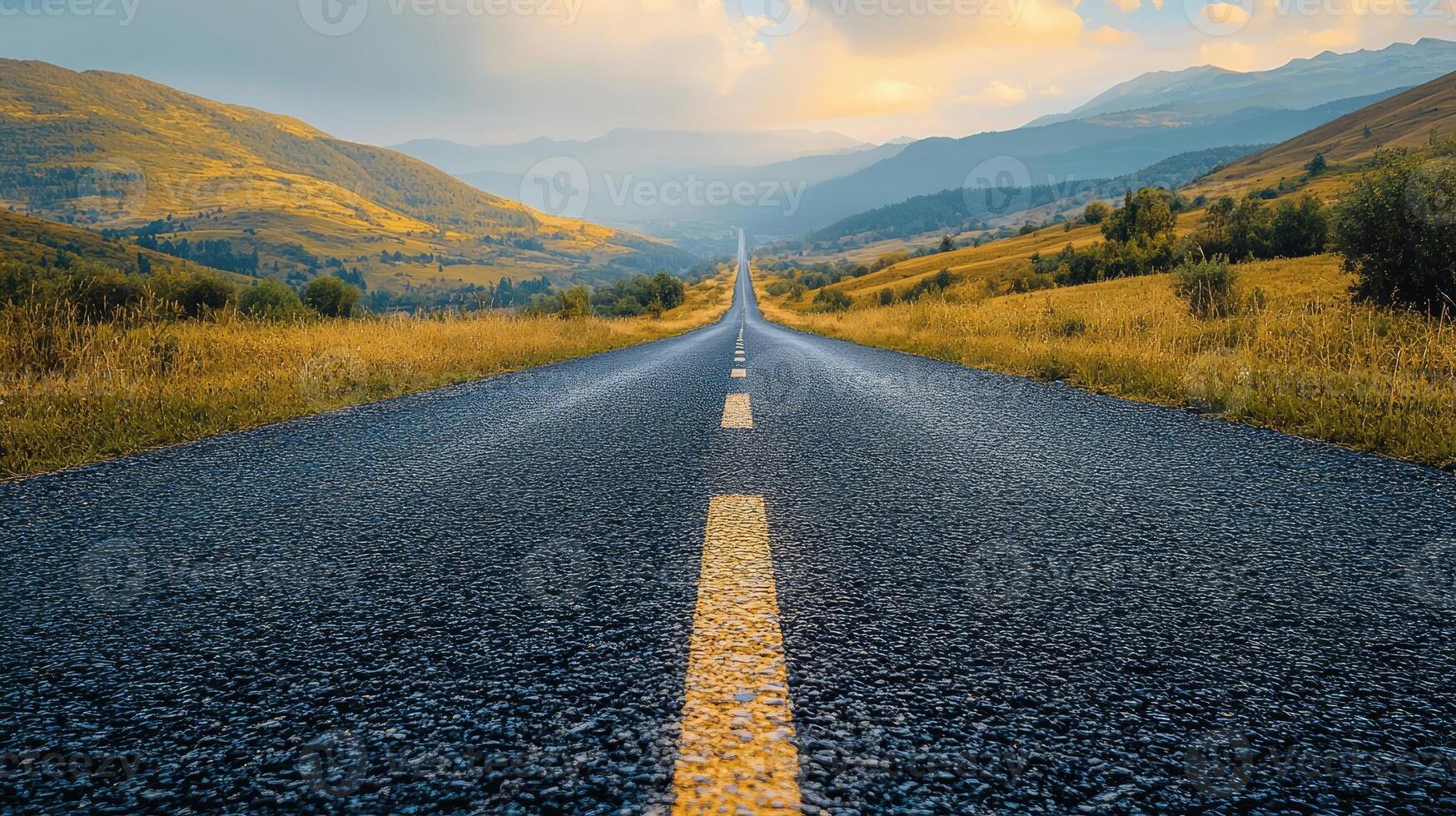 Empty asphalt road going through beautiful countryside at sunset photo