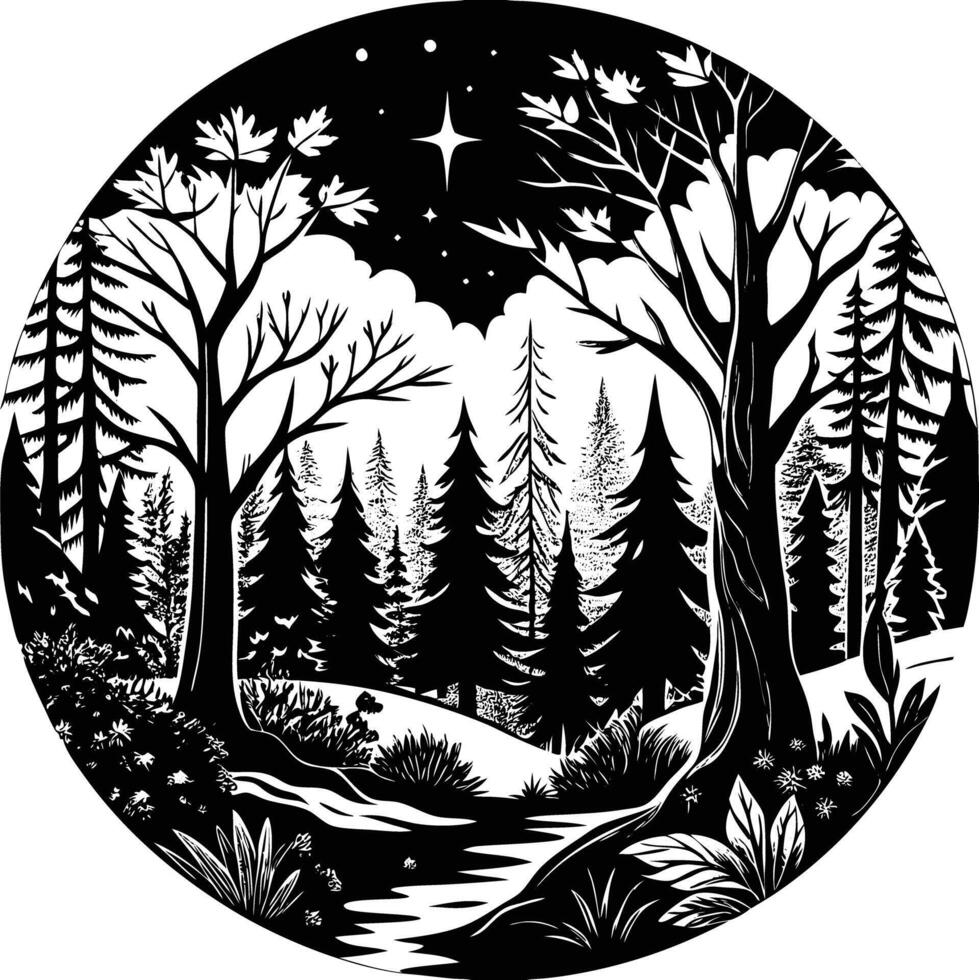 A black and white illustration of a forest scene vector