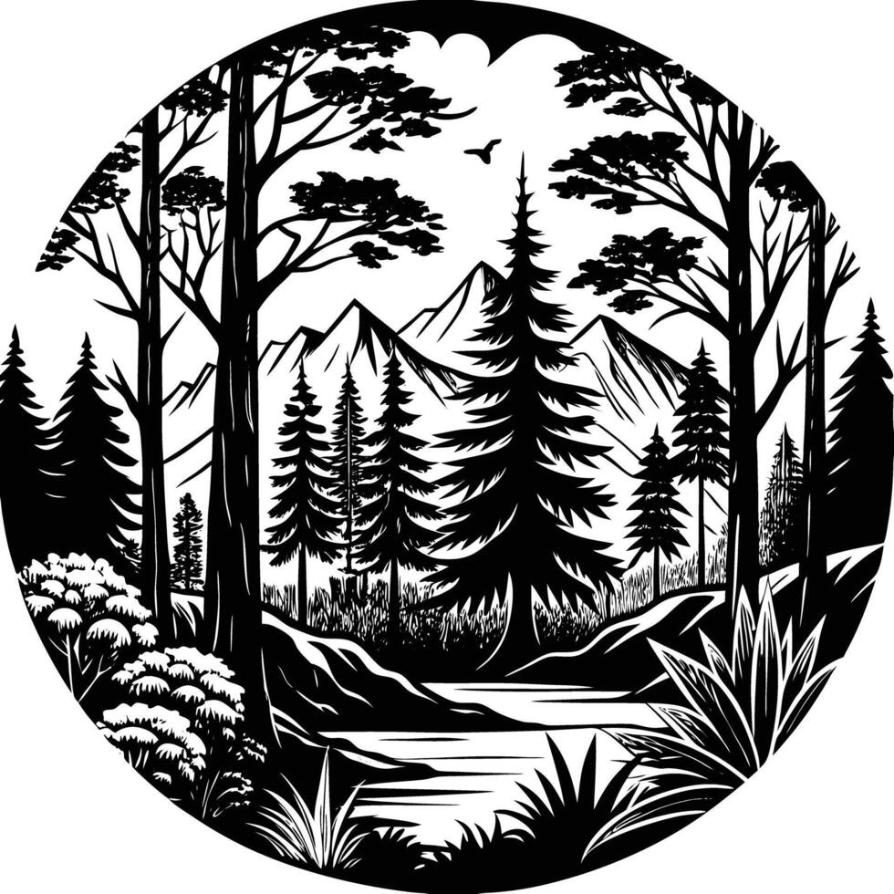 A black and white illustration of a forest scene vector