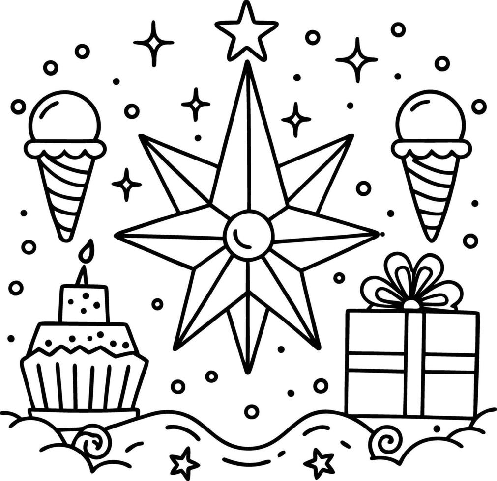 A coloring page with a star, ice cream, and cake vector