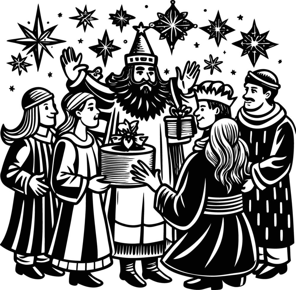 A black and white illustration of a group of people in medieval clothing vector