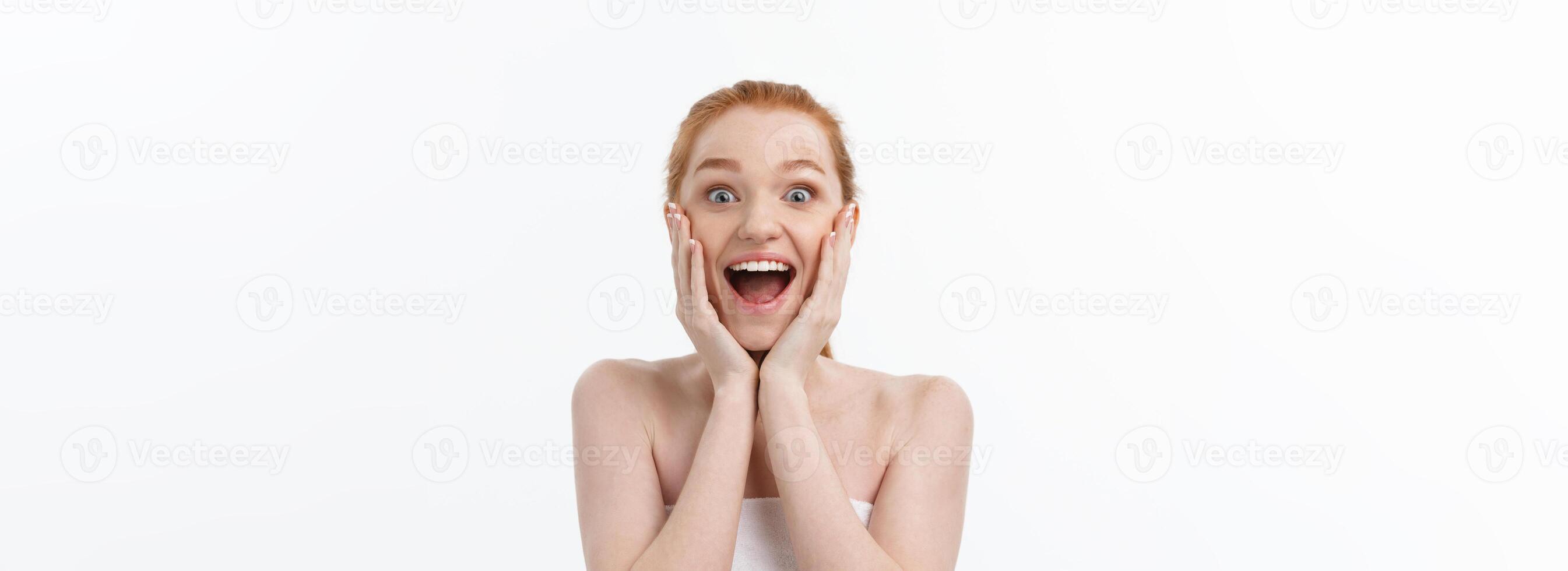 Happy beautiful girl is happy smiling and laughing look stright . Expressive facial expressions .Cosmetology and Spa , skin care model photo