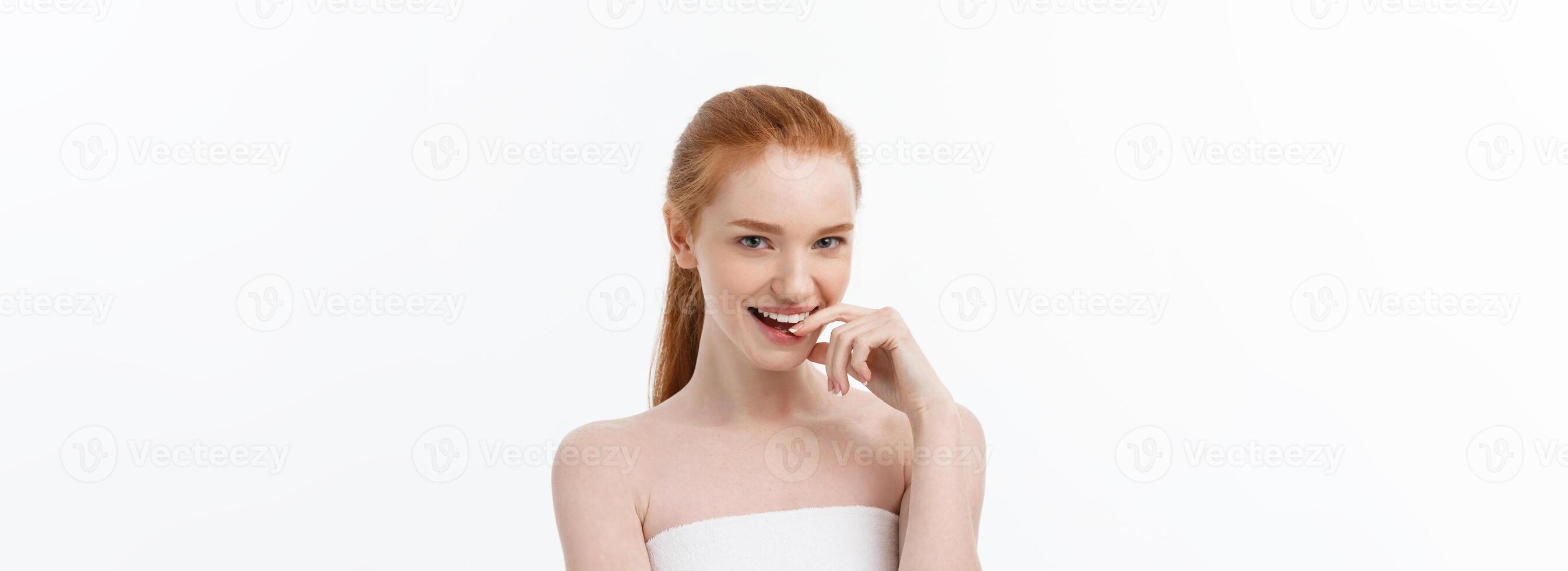 Happy beautiful girl is happy smiling and laughing look stright . Expressive facial expressions .Cosmetology and Spa , skin care model photo