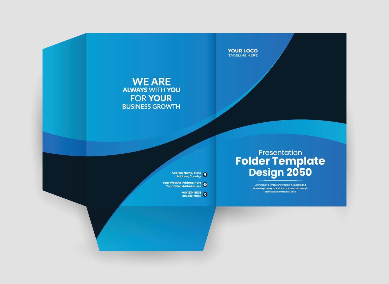 A blue and black foldable brochure with a black background vector