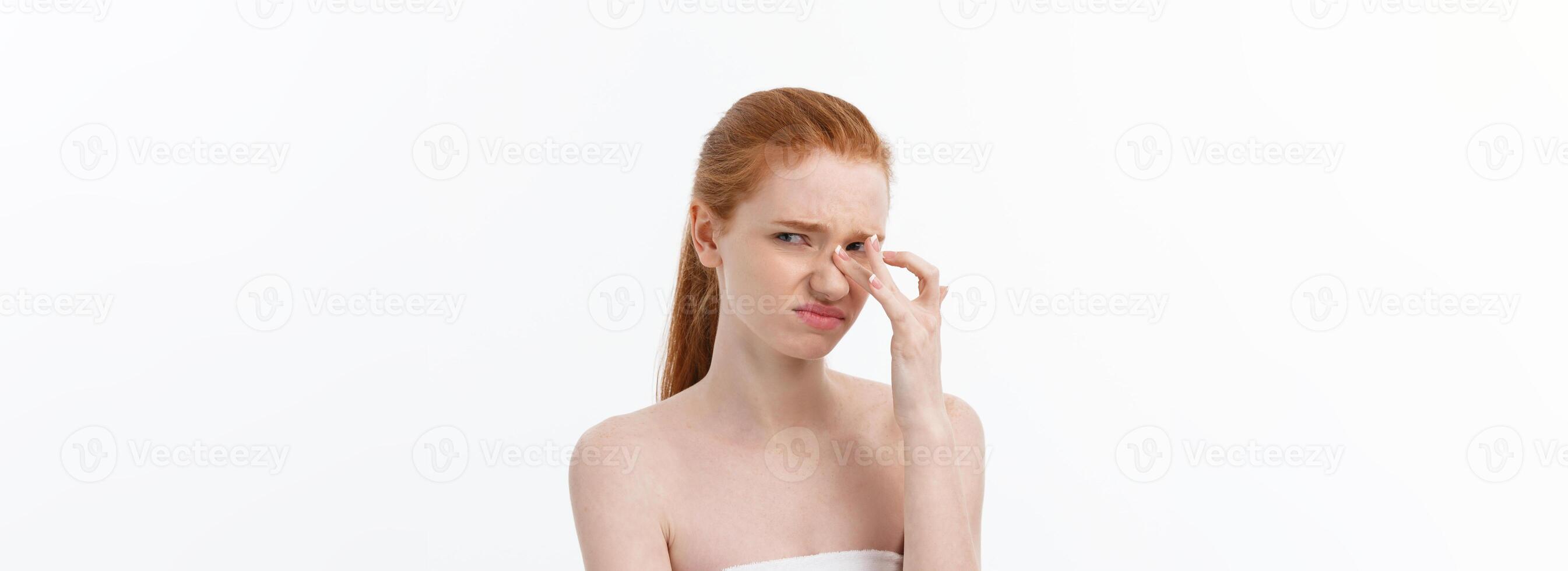 Portrait sad serious young woman with disappointed facial expression.. isolated on white background, looking at camera photo