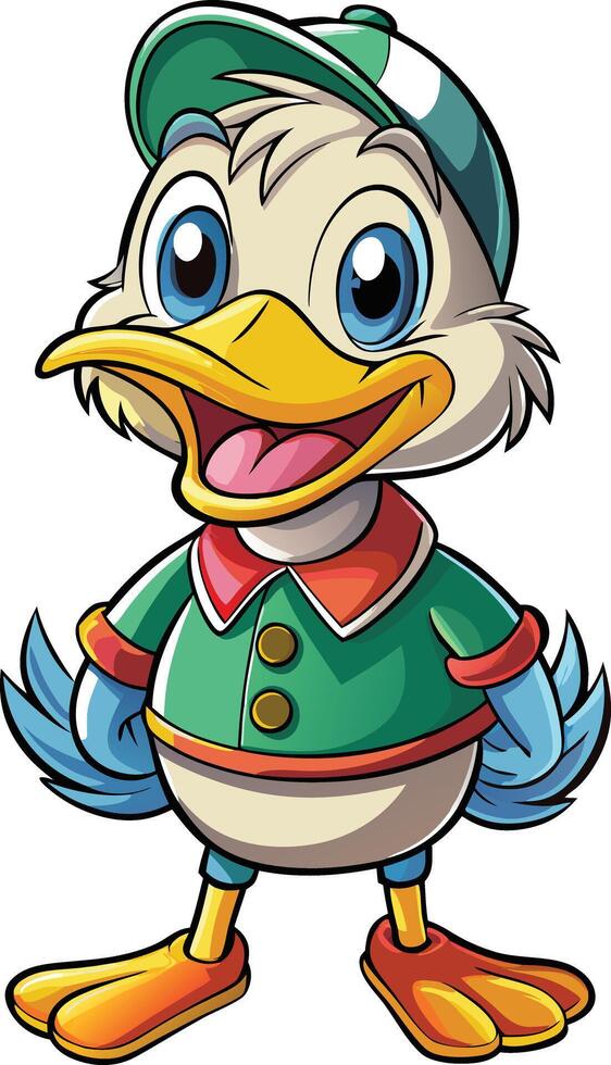 Cartoon duck in green and blue hat vector
