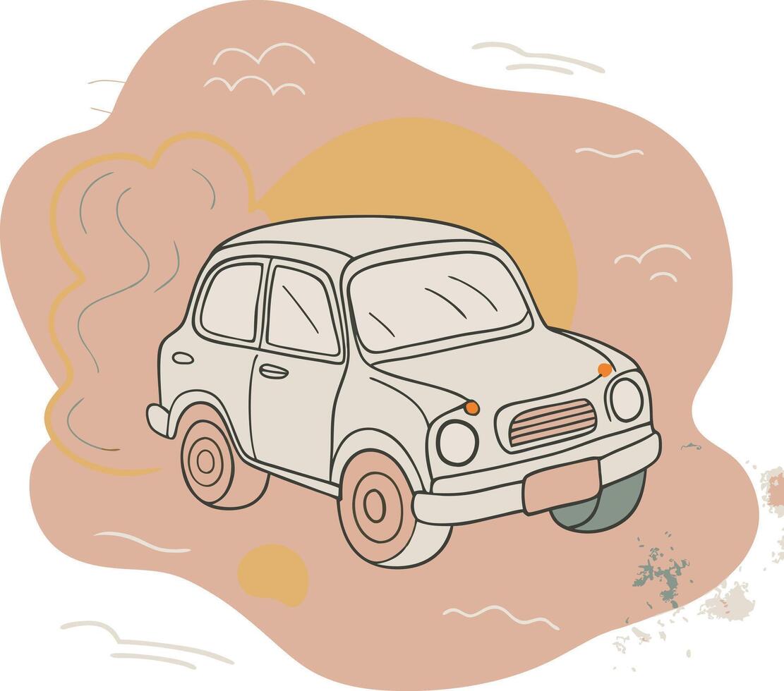A cartoon car driving on a road with smoke coming out of the back vector