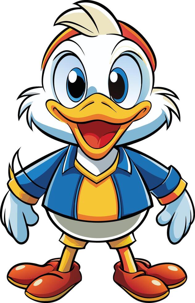 Cartoon duck with blue jacket and yellow shoes vector