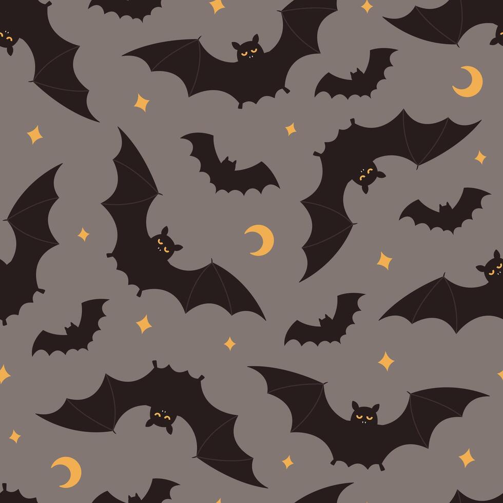 Seamless pattern with flying bats, moons and stars on grey background. Halloween night. Vampire animals silhouettes. Flat illustration vector