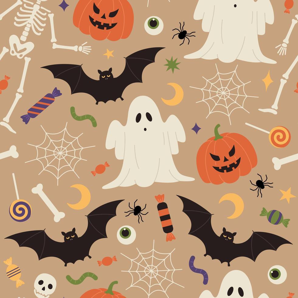 Seamless pattern with ghosts, bats, skeletons, pumpkins, webs, spiders, bones, eyes, sweets, worms, moons and stars on beige background. Halloween celebration. Flat illustration vector