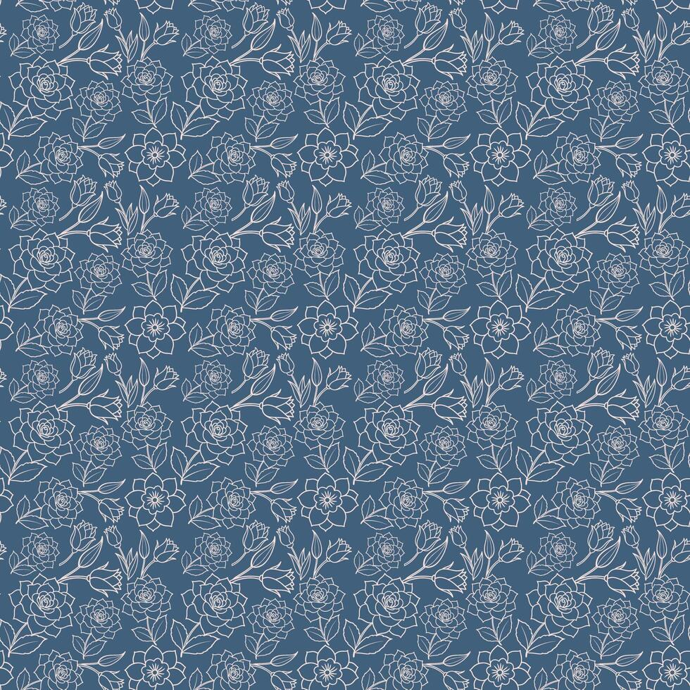 Cute Colorful Seamless Floral Line Art Flowers Pattern Design, Illustration Graphic vector