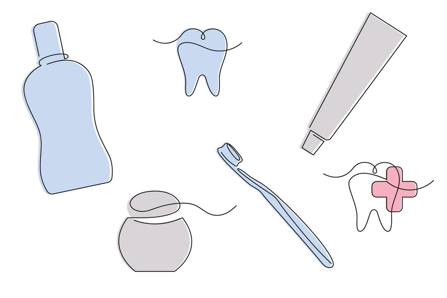 Dental set in one continuous line in color. One line drawing, minimalism. vector