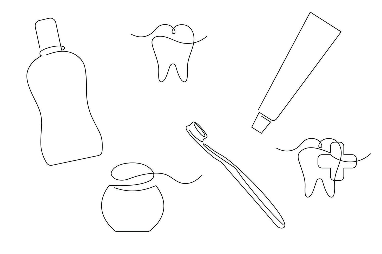 Dental set in one continuous line. One line drawing, minimalism. vector