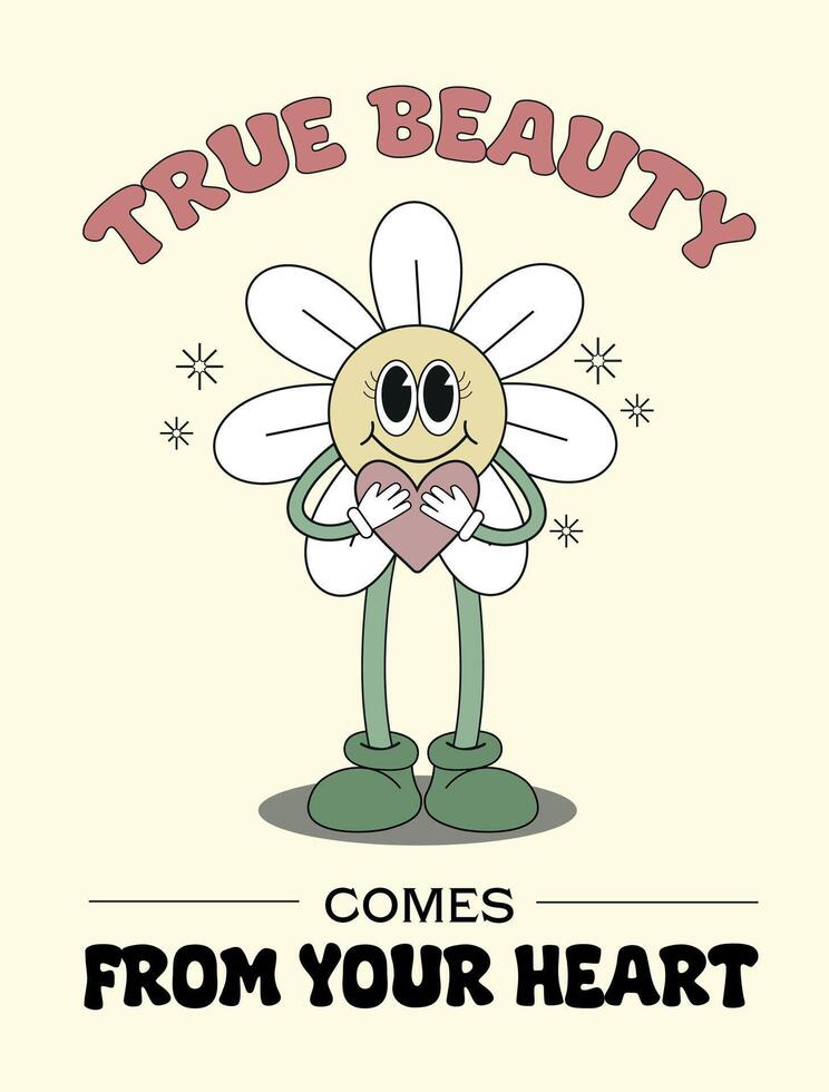 Retro cute daisy cartoon with heart poster. Positive affirmation wall art vector