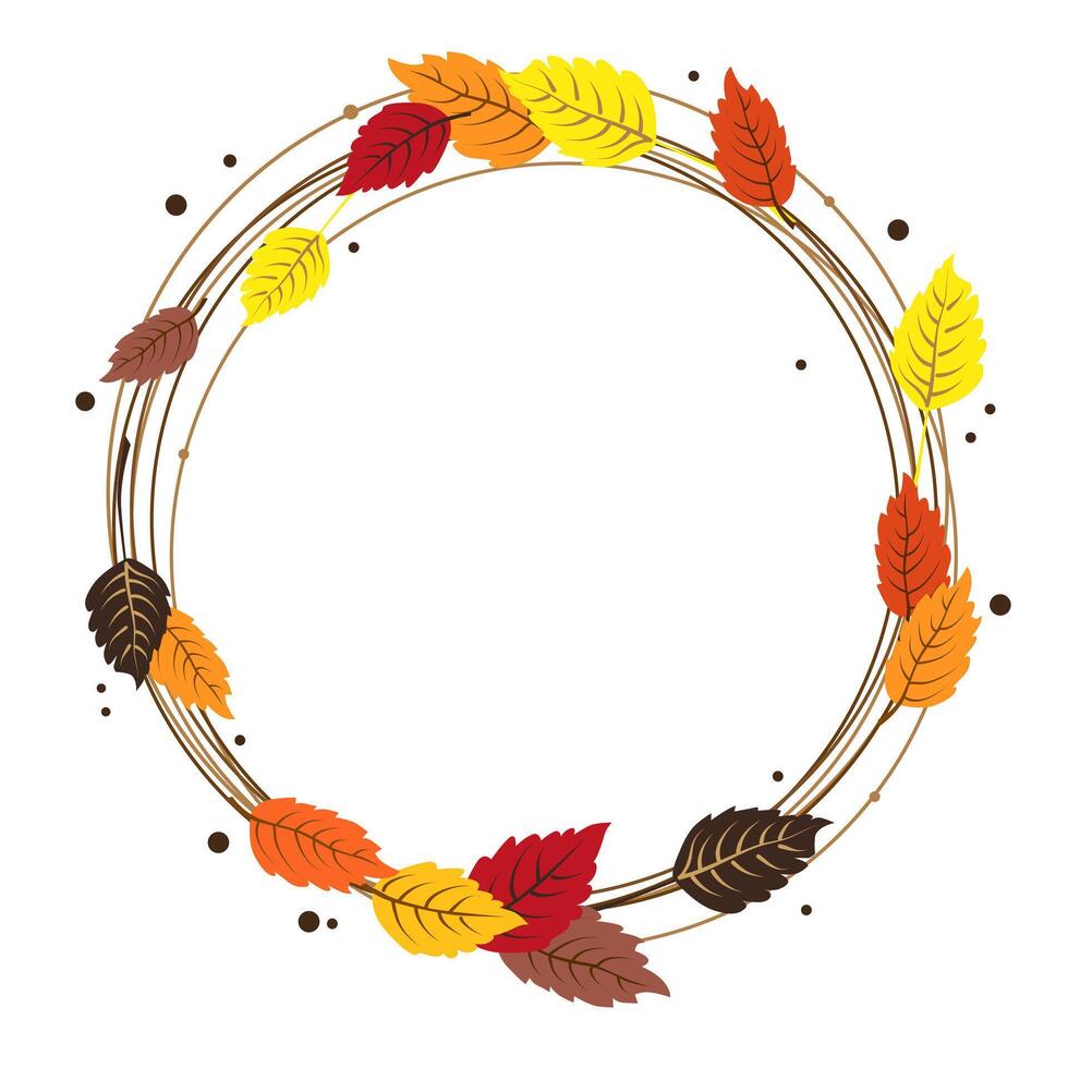 isolated round frame of yellow dry alder autumn leaves. Border for text and lettering. Isolated flat illustration with brown plants for design, greeting card, banner, board, flyer, sale, poster vector