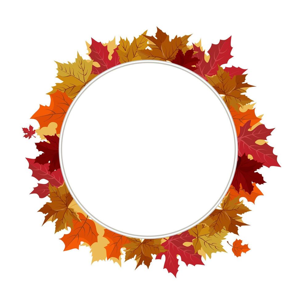 isolated round frame of yellow dry maple autumn leaves. Border for text and lettering. Isolated flat illustration with brown plants for design, greeting card, banner, board, flyer, sale, poster vector