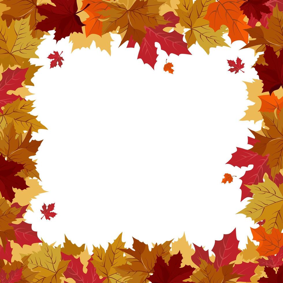 isolated square frame of yellow dry maple autumn leaves. Border for text and lettering. Isolated flat illustration with brown plant for design, greeting card, banner, board, flyer, sale, poster vector