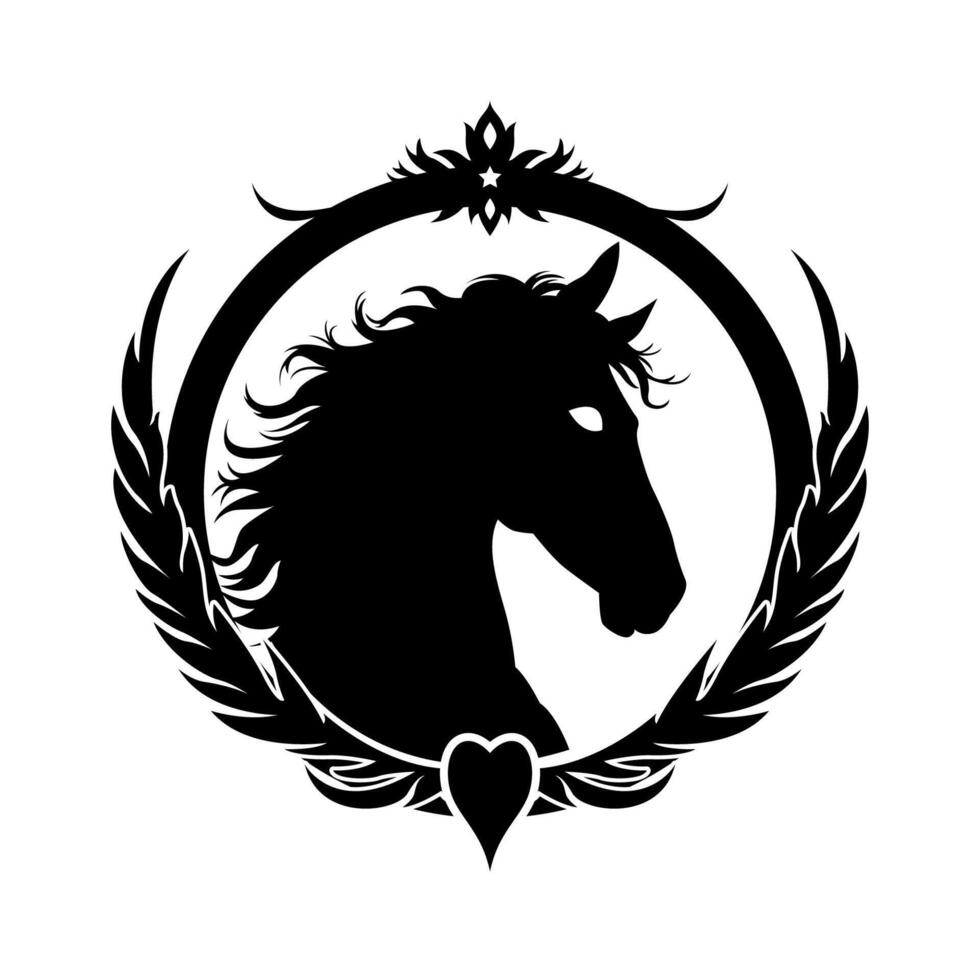 Horse Head Silhouette with Cyrcle, Heart Shape, and Feathers Border. vector