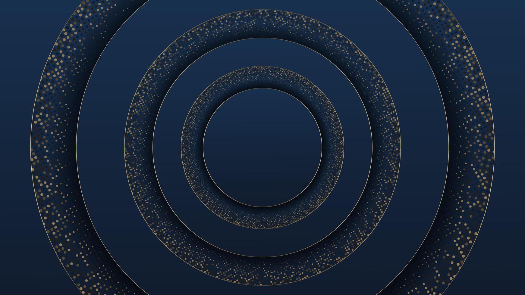 Abstract blue circle shape with golden glowing frame and glitters llustration. Geometric backdrop with golden glittering particles. Holiday banner design. Minimalist decoration vector