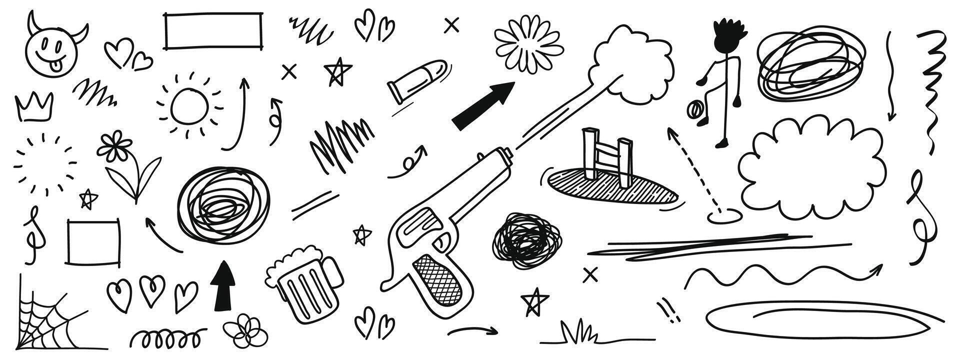 Doodle grunge hand drawn collection includes graffiti groovy prints, signs and symbols.Street style doodle kit. illustration vector