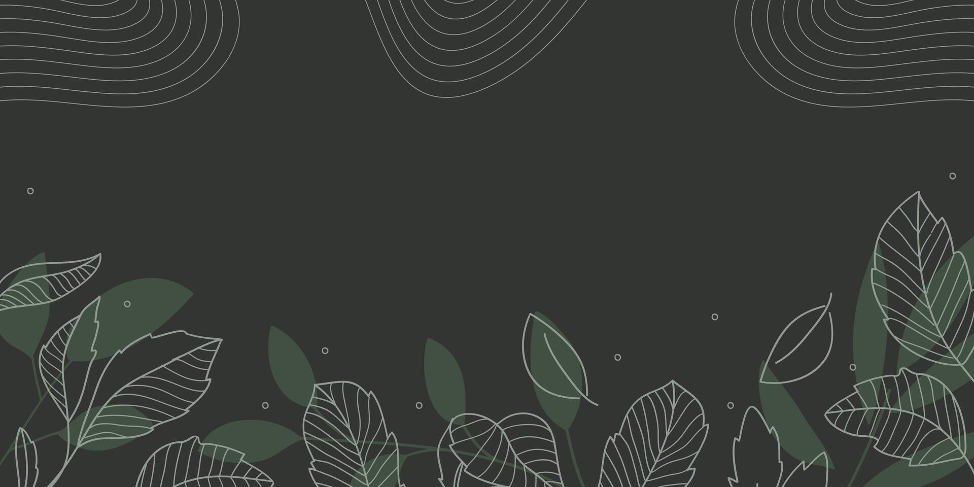 Green botanical leaves hand drawn line art and green silhouettes background. illustration vector